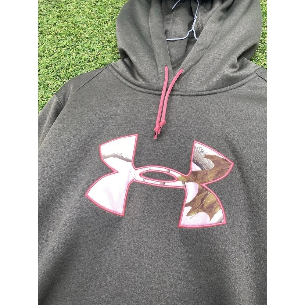 UNDER ARMOUR Storm Hoodie Womens Large Fleece Lined Camo Logo Pink Pullover Y2K